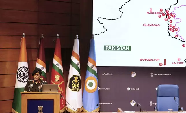 Indian army officer Colonel Sofiya Qureshi addresses a press conference after India struck multiple sites inside Pakistani controlled territory with missiles under Operation Sindoor, in New Delhi, India, Wednesday, May 7, 2025. (AP Photo/Manish Swarup)