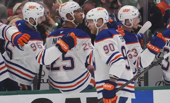 Edmonton Oilers right wing Corey Perry (90) celebrates with teammates after scoring against the Dallas Stars during the first period of Game 5 of the Western Conference finals in the NHL hockey Stanley Cup playoffs, Thursday, May 29, 2025, in Dallas. (AP Photo/Julio Cortez)
