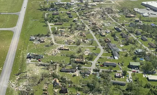 This aerial photo provided by London, KY Mayor Randall Weddle shows damage from severe weather in London, Ky., on Saturday, May 17, 2025. (City of London, Ky. via AP)