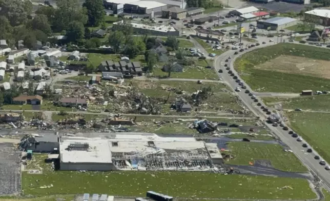 This aerial photo provided by London, KY Mayor Randall Weddle shows damage from severe weather in London, Ky., on Saturday, May 17, 2025. (City of London, Ky. via AP)
