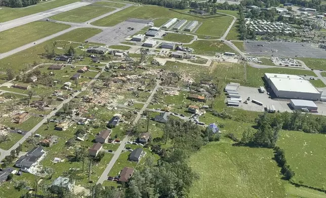 This aerial photo provided by London, KY Mayor Randall Weddle shows damage from severe weather in London, Ky., on Saturday, May 17, 2025. (City of London, Ky. via AP)