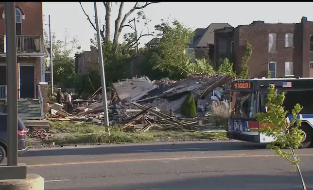 Debris covers the ground after a severe storm passed the area on Saturday, May 17, 2025 in St. Louis, Mo. ( KMOV via AP)