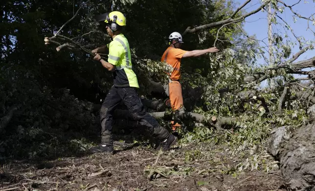 Cody Sparks, left, and Eric Combs with Lewis Tree Service work to clear a tree off of a power line near on 92nd Street near Caledonia, Mich. on Friday, May 16. 2025. (Neil Blake/The Grand Rapids Press via AP)