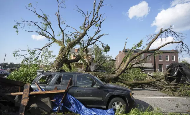 A large tree blocks a road after a severe storm moved through Friday, May 16, 2025, in St. Louis. (AP Photo/Jeff Roberson)