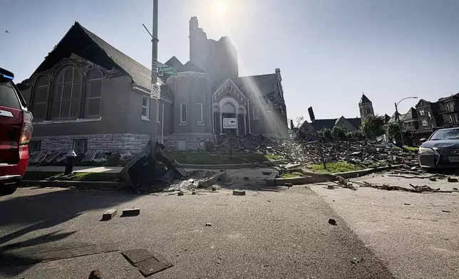 Part of Centennial Christian Church in St. Louis, Missouri, collapsed on Friday, May 16, 2025 when severe storms, including a possible tornado, swept through the city. (AP Photo/Michael Phillis)