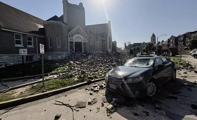 Part of Centennial Christian Church in St. Louis, Missouri, collapsed on Friday, May 16, 2025 when severe storms, including a possible tornado, swept through the city. (AP Photo/Michael Phillis)