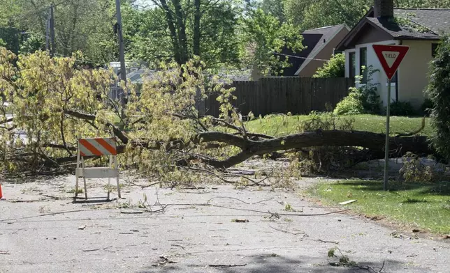 Downed trees are shown blocking Leo and Oakland Avenues in Trail Creek, Ind., on Friday, May 16, 2025. (Donavan Barrier /La Porte County Herald-Dispatch via AP)