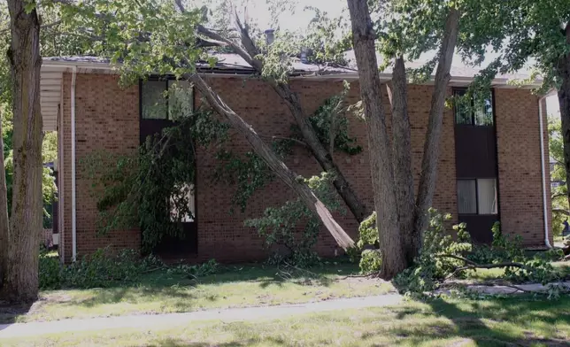 A snapped tree is shown up against an apartment on Salem Court in Michigan City, Ind. on Friday, May 16, 2025. (Donavan Barrier /La Porte County Herald-Dispatch via AP)