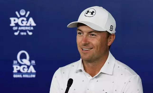 Jordan Spieth speaks during a news conference at the PGA Championship golf tournament at the Quail Hollow Club, Tuesday, May 13, 2025, in Charlotte, N.C. (AP Photo/Matt York)