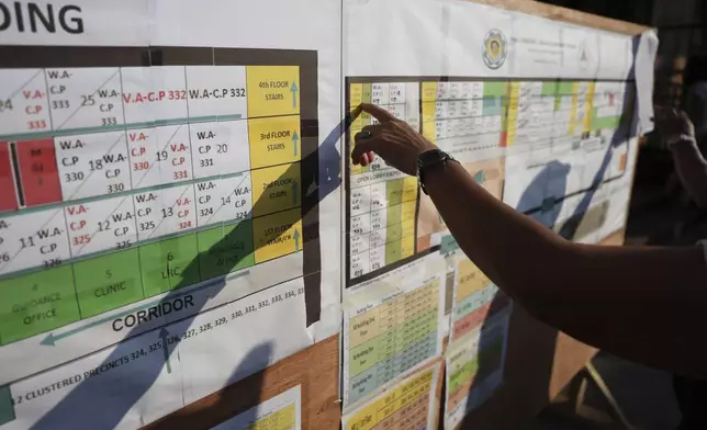 A woman points on a chart before casting her vote at a polling station in Quezon City, Philippines, Monday, May 12, 2025. (AP Photo/Basilio Sepe)