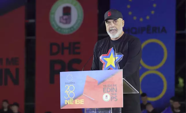 Albania's Prime Minister Edi Rama speaks during his main election campaign rally in Tirana, Albania, Friday, May 9, 2025, as his ruling Socialist Party (PS) seeks a fourth term. (AP Photo/Vlasov Sulaj)