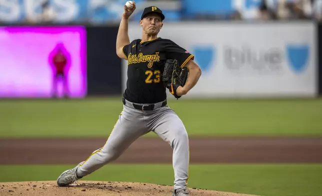 Pittsburgh Pirates starting pitcher Mitch Keller (23) throws against a San Diego Padres batter in the first inning of a baseball game, Friday, May 30, 2025, in San Diego. (AP Photo/Tony Ding)