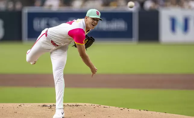 San Diego Padres starting pitcher Nick Pivetta throws against a Pittsburgh Pirates batter in the first inning of a baseball game, Friday, May 30, 2025, in San Diego. (AP Photo/Tony Ding)