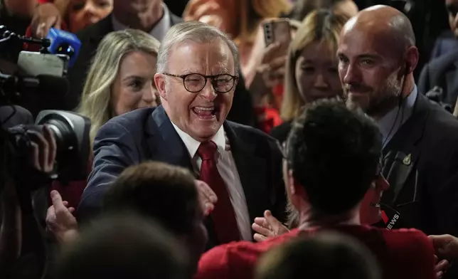Australian Prime Minister Anthony Albanese reacts as he meets party faithful after winning a second term of the general election in Sydney, Saturday, May 3, 2025. (AP Photo/Rick Rycroft)