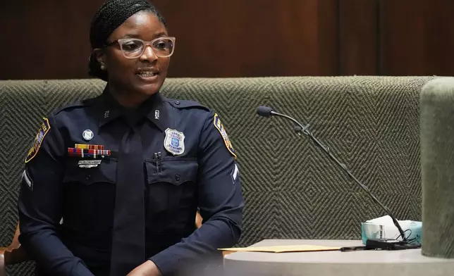 Memphis Police Officer Rodresha Mackey testifies during the trial of three former police officers accused in the 2023 fatal beating of Tyre Nichols, Wednesday, April 30, 2025, in Memphis, Tenn. (AP Photo/George Walker IV, Pool)