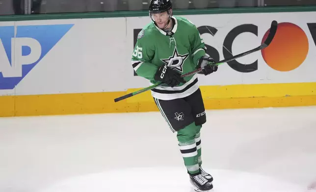 Dallas Stars' Mikko Rantanen skates on the ice after scoring against the Colorado Avalanche in the third period in Game 7 of a first-round NHL hockey playoff series Saturday, May 3, 2025, in Dallas. (AP Photo/Julio Cortez)