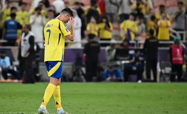 Al Nassr's Cristiano Ronaldo reacts after his team lost to Kawasaki Frontale during a AFC Champions League Elite semifinal soccer match at Alinma Stadium in Jeddah, Saudi Arabia, Wednesday, April 30, 2025. (AP Photo/Ali Issa)