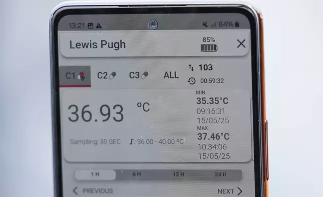 An app is used to monitor endurance swimmer Louis Pugh's temperature while he swims in 47 degree F water, Thursday, May 15, 2025, off Edgartown, Mass. (AP Photo/Robert F. Bukaty)