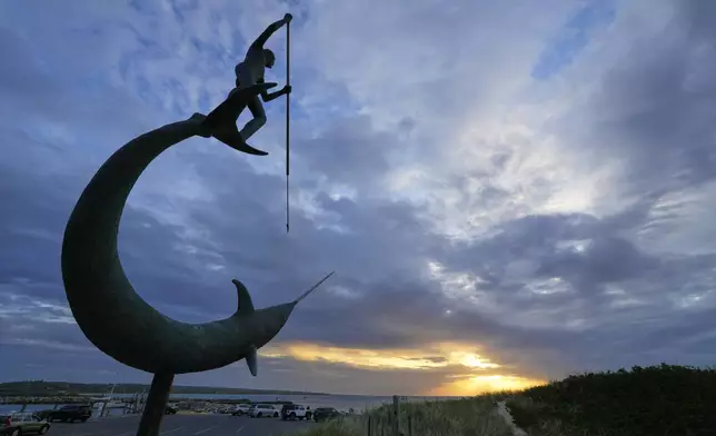 A sculpture of a fishermen harpooning a swordfish stands near Menemsha Beach, Wednesday, May 14, 2025, in Chilmark, Mass. (AP Photo/Robert F. Bukaty)