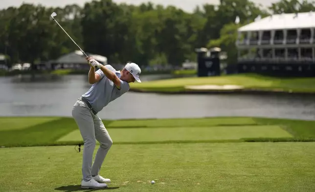 Ryan Gerard hits his tee shot on the 17th hole during the first round of the PGA Championship golf tournament at the Quail Hollow Club, Thursday, May 15, 2025, in Charlotte, N.C. (AP Photo/David J. Phillip)