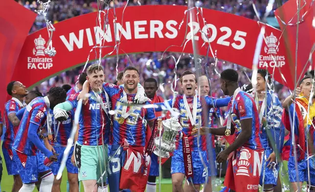 Crystal Palace players celebrate with the trophy after winning the English FA Cup final soccer match between Crystal Palace and Manchester City at Wembley stadium in London, Saturday, May 17, 2025. (AP Photo/Kirsty Wigglesworth)
