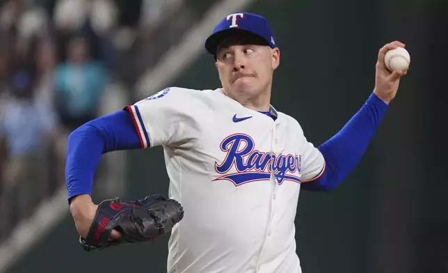 Texas Rangers starting pitcher Patrick Corbin throws during the first inning of a baseball game against the Colorado Rockies, Wednesday, May 14, 2025, in Arlington, Texas. (AP Photo/LM Otero)