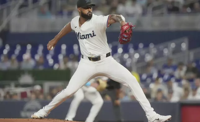 Miami Marlins pitcher Sandy Alcantara aims a pitch during the first inning of a baseball game against the Los Angeles Dodgers, Monday, May 5, 2025, in Miami. (AP Photo/Marta Lavandier)