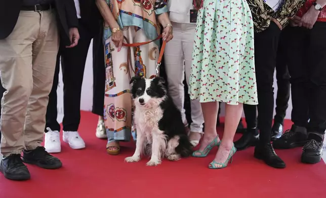 Lola, centre, poses with the Palm Dog jury after accepting the Palm Dog award on behalf of Panda, who could not attend, during the Palm Dog award ceremony at the 78th international film festival in Cannes, southern France, Friday, May 23, 2025. (AP Photo/Natacha Pisarenko)