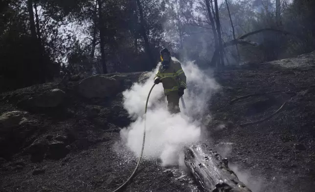 An Israeli fire fighter works to extinguish a wildfire in Latrun, Israel, outside of Jerusalem Thursday, May 1, 2025. (AP Photo/Ohad Zwigenberg)