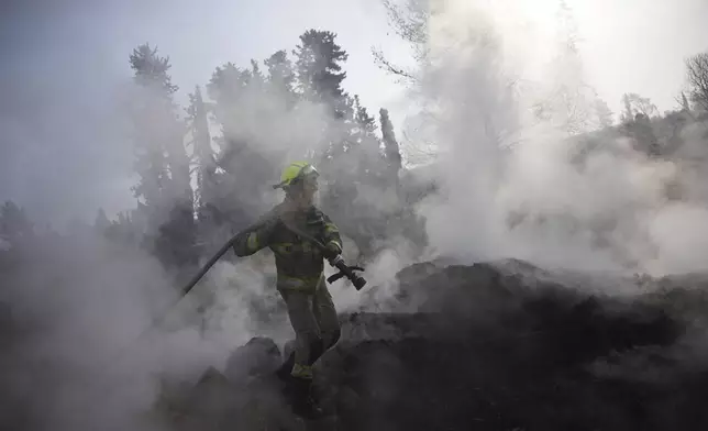 An Israeli firefighter battles a wildfire near Latrun, Israel, outside of Jerusalem, Thursday, May 1, 2025. (AP Photo/Ohad Zwigenberg)