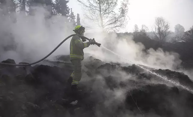 An Israeli firefighter battles a wildfire near Latrun, Israel, outside of Jerusalem, Thursday, May 1, 2025. (AP Photo/Ohad Zwigenberg)