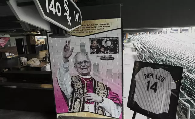 White Sox commemorate fandom of Pope Leo XIV with Graphic installation at Rate Field before a baseball game between the Seattle Mariners and the Chicago White Sox in Chicago, Monday, May 19, 2025. (AP Photo/Nam Y. Huh)