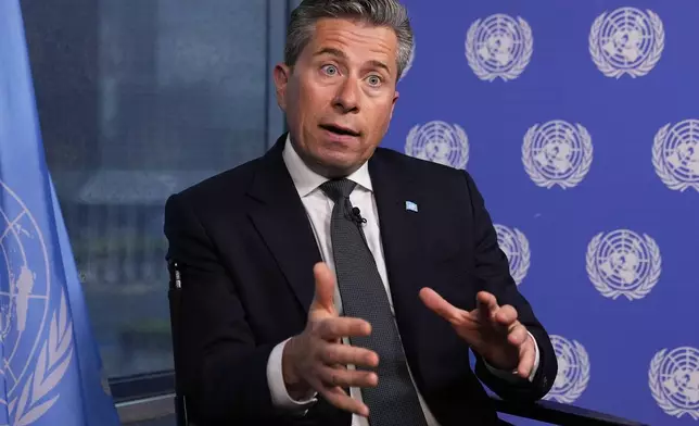 U.N. humanitarian chief Tom Fletcher responds to questions during an interview with The Associated Press at United Nations headquarters, Wednesday, May 14, 2025. (AP Photo/Richard Drew)