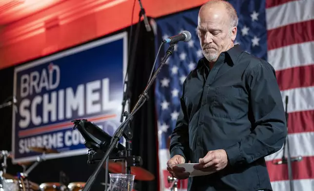 FILE - Wisconsin Supreme Court candidate Brad Schimel makes his concession speech to a crowd at his election night party, in Pewaukee, Wis., April 1, 2025. (AP Photo/Andy Manis, File)