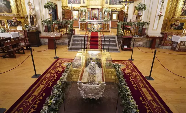 The remains of Saint Teresa of Ávila, the Spanish saint, mystic, and 16th-century religious reformer, are displayed at a church in Alba de Tormes, Salamanca, northwestern Spain, on Sunday, May 11, 2025. (Manuel Ángel Laya/Europa Press via AP)