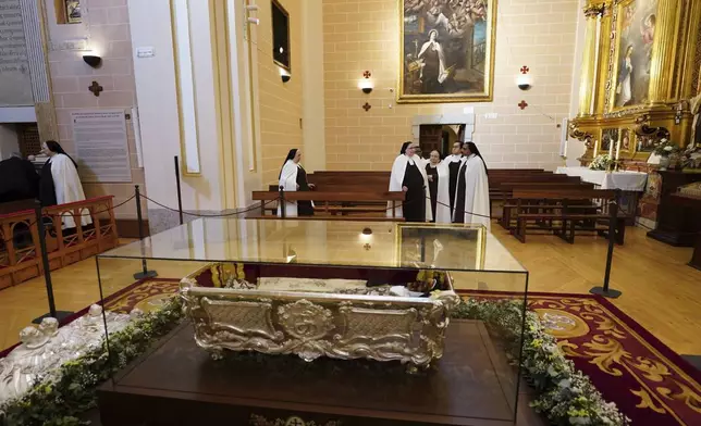The remains of Saint Teresa of Ávila, the Spanish saint, mystic, and 16th-century religious reformer, are displayed at a church in Alba de Tormes, Salamanca, northwestern Spain, on Sunday, May 11, 2025. (Manuel Ángel Laya/Europa Press via AP)