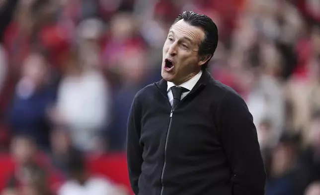 Aston Villa manager Unai Emery during the English Premier League soccer match between Manchester United and Aston Villa at Old Trafford, Manchester, England, Sunday May 25, 2025. (Martin Rickett/PA via AP)