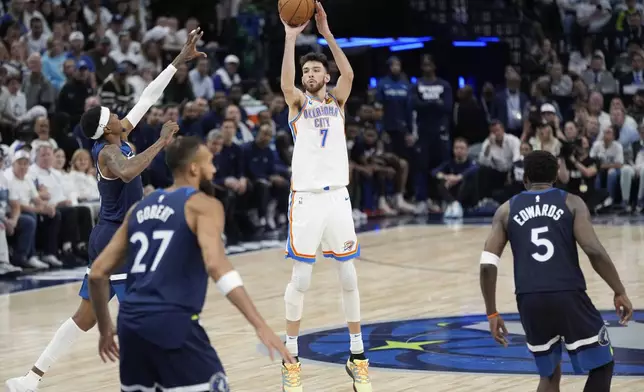 Oklahoma City Thunder forward Chet Holmgren (7) shoots against against the Minnesota Timberwolves during the second half of Game 4 of the Western Conference finals of the NBA basketball playoffs Monday, May 26, 2025, in Minneapolis. (AP Photo/Abbie Parr)