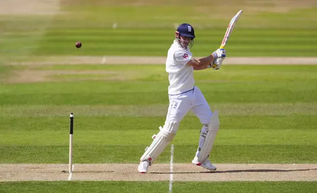 England's Harry Brook batting on day two of the Rothesay International test series match between England and Zimbabwe, at Trent Bridge, Nottingham, England, Friday May 23, 2025. (Mike Egerton/PA via AP)