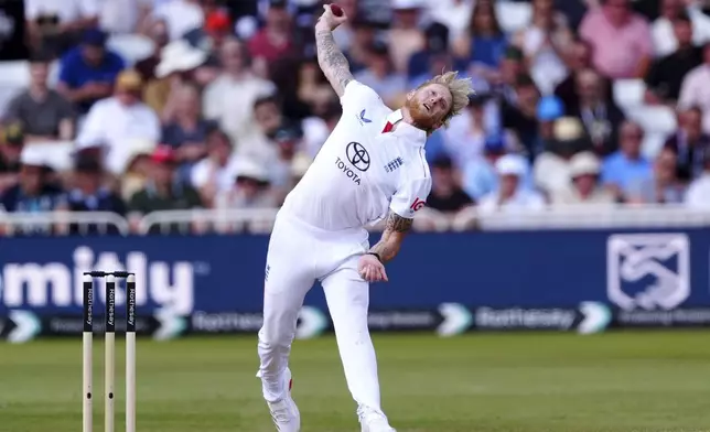 England's Ben Stokes bowling on day two of the Rothesay International test series match between England and Zimbabwe, at Trent Bridge, Nottingham, England, Friday May 23, 2025. (Mike Egerton/PA via AP)