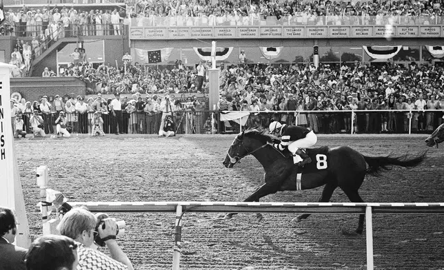 FILE - Seattle Slew (8), with jockey Jean Cruguet in the irons, stretches to cross the finish line ahead of Iron Constitution, right, and win the Preakness Stakes horse race at Pimlico Race Course in Baltimore, Saturday, May 21, 1977. (AP Photo/File)