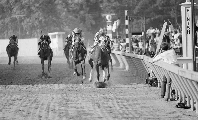 FILE - Secretariat on the rail, with Ron Turcotte up, wins the 98th running of the Preakness Stakes horse race, May 19, 1973, in Baltimore. (AP Photo/File)