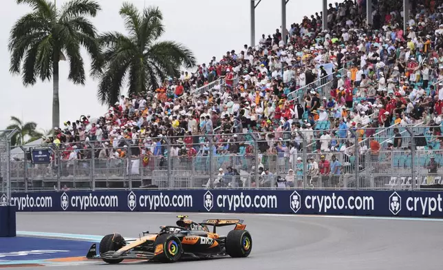 McLaren driver Lando Norris of Britain steers his car during the Sprint race at the Formula One Miami Grand Prix auto race, Saturday, May 3, 2025, in Miami Gardens, Fla. (AP Photo/Rebecca Blackwell)