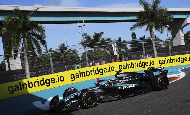 Mercedes driver George Russell of Britain steers his car during the Sprint race qualifying session at the Formula One Miami Grand Prix auto race, Friday, May 2, 2025, in Miami Gardens, Fla. (AP Photo/Rebecca Blackwell)