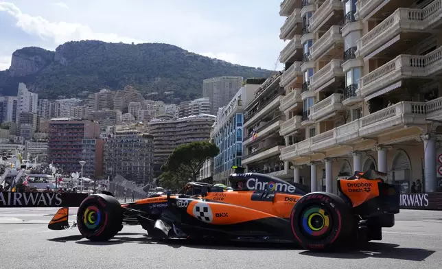 McLaren driver Lando Norris of Britain steers his car during the qualifying session ahead of the Formula One Monaco Grand Prix race at the Monaco racetrack in Monaco, Saturday, May 24, 2025. (AP Photo/Manu Fernandez)