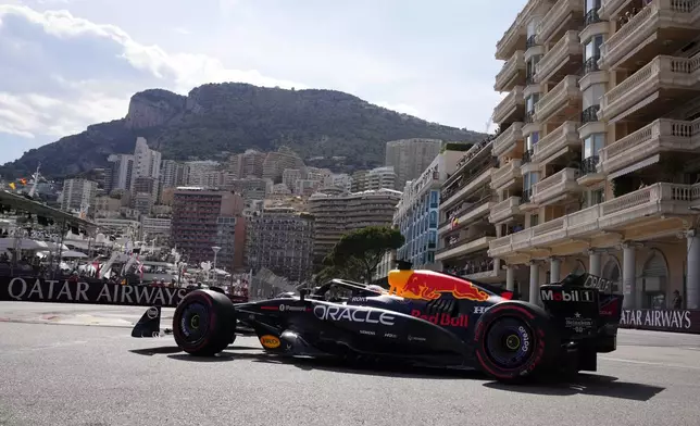 Red Bull driver Max Verstappen of the Netherlands steers his car during the qualifying session ahead of the Formula One Monaco Grand Prix race at the Monaco racetrack in Monaco, Saturday, May 24, 2025. (AP Photo/Manu Fernandez)