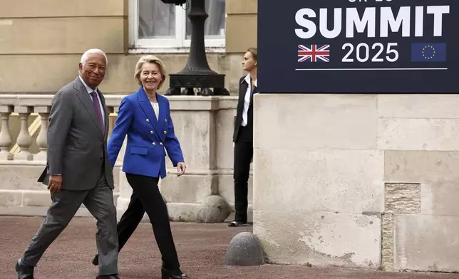 European Council President Antonio Costa, left, and European Commission President Ursula von der Leyen arrive to attend a United Kingdom and European Union summit at Lancaster House, London, Monday, May 19, 2025. (Henry Nicholls/Pool Photo via AP)