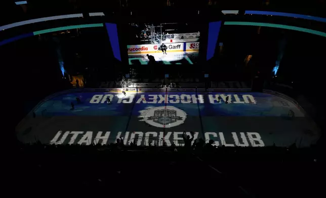 FILE - A general view of players entering the ice before an NHL hockey game between the Toronto Maple Leafs and the Utah Hockey Club, Monday, March 10, 2025, in Salt Lake City. (AP Photo/Tyler Tate, File)