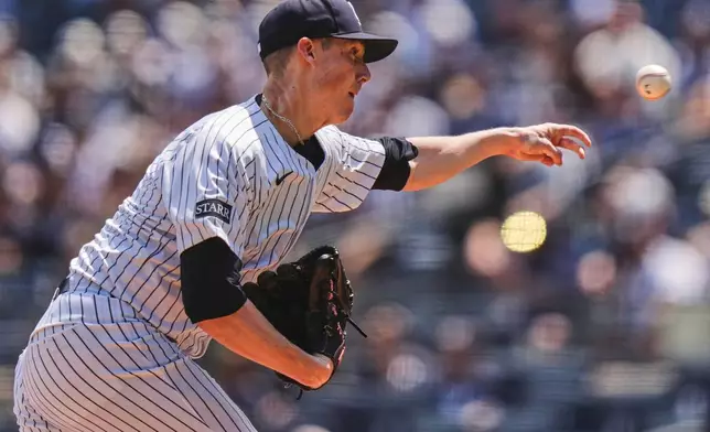 New York Yankees' Ryan Yarbrough pitches during the first inning of a baseball game against the Tampa Bay Rays, Saturday, May 3, 2025, in New York. (AP Photo/Frank Franklin II)