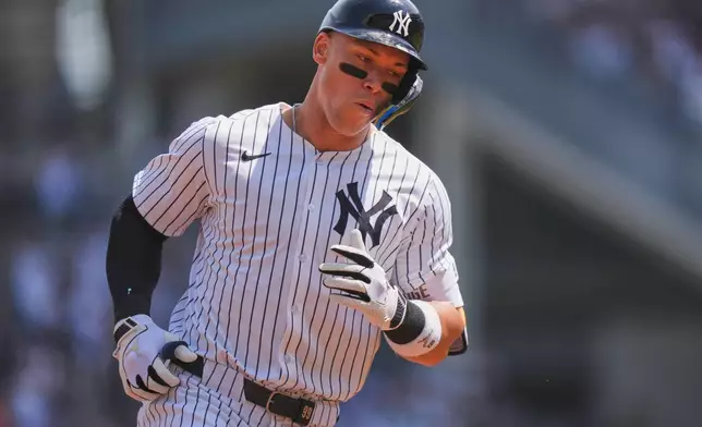 New York Yankees' Aaron Judge runs the bases after hitting a home run during the first inning of a baseball game against the Tampa Bay Rays Saturday, May 3, 2025, in New York. (AP Photo/Frank Franklin II)